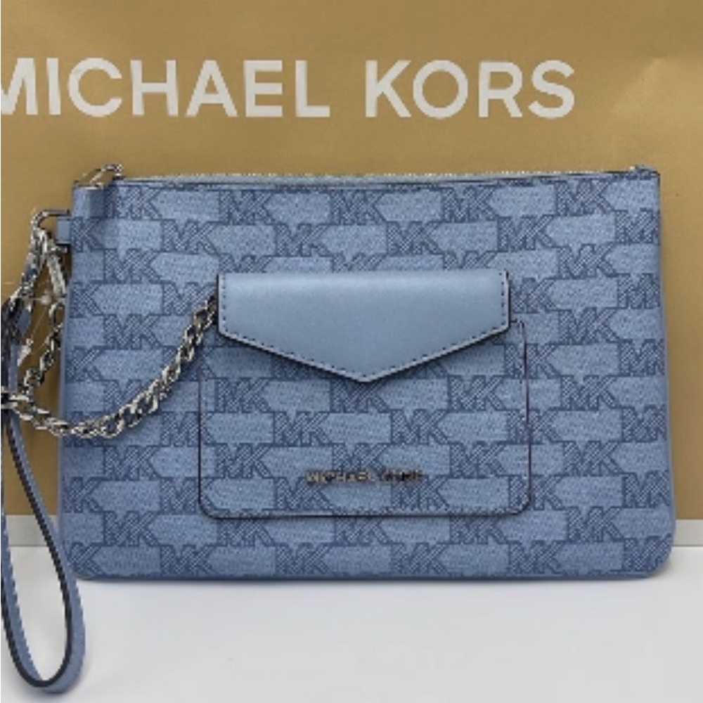 Michael Kors Jet Blue MK Signature 2 In 1 Card Case Wristlet Clutch Bag